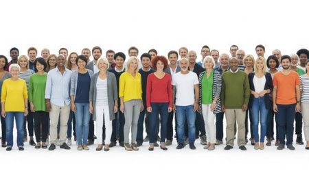 This image depicts a large and diverse group of people standing together and posing for a photograph. The individuals vary in age, ethnicity, and attraction, showcasing a sense of unity and camaraderie. They are all smiling and appear to be in a cheerful mood, suggesting a celebratory or social gathering. The background is plain white, which puts the focus entirely on the group.の素材