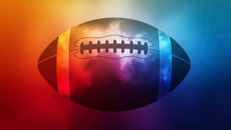 American football ball against bright blue and orange sky with clouds 3dの素材