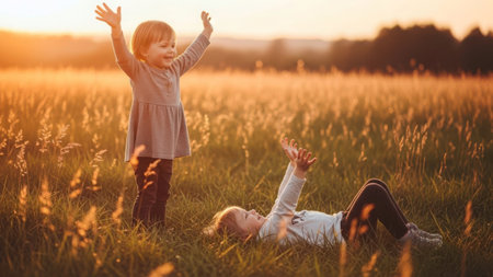 A joyful scene of two young children playing in a field of tall grass during sunset. One child is lying on the ground with arms outstretched, while the other stands nearby with arms raised, both enjoying the warm, golden light.の素材
