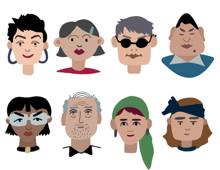 Vector funky faces with different headgear and accessories.