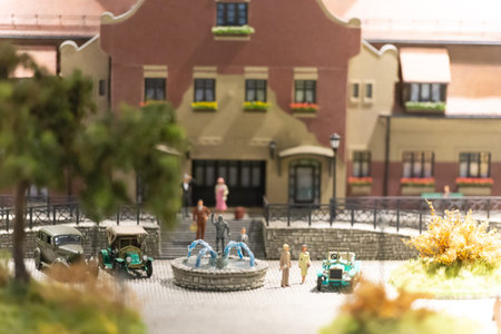 The layout of the city. Miniature model of the city square with a fountain.の写真素材