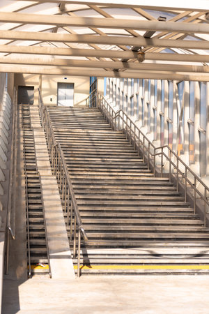 Aboveground crossing. Stairs leading up. Empty road crossing.