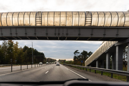 Pedestrian crossing. Highway, photo from the car. High, dirty crossing over the road.