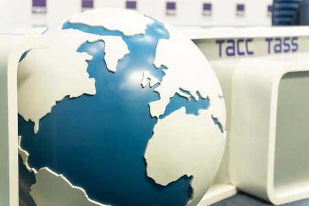 TASS news Agency. Conference room at the Agency. Large globe on the background of the conference...