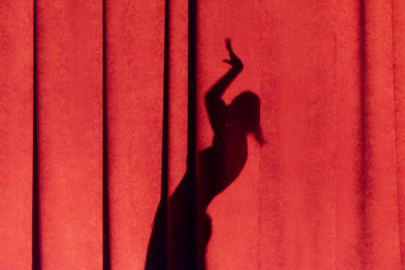 Female silhouette on the curtain. The shadow of a girl dancing on colored canvases.