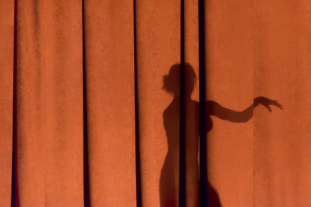 Female silhouette on the curtain. The shadow of a girl dancing on colored canvases.
