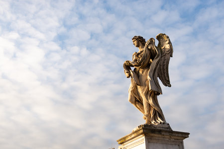 Ponte Sant'angelo. Pedestrian bridge over the Tiber, bridge of the Holy angel. Figure on the bridge close-up.の写真素材