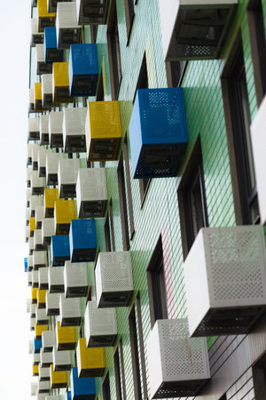 Facades of houses with air-conditioning boxes. New homes immediately provide air conditioning and...