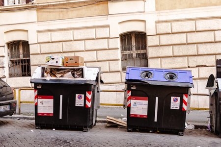 Rome, Italy. Spring 2020. Dumpsters on the streets of Rome. Separate waste collection in Europeのeditorial素材