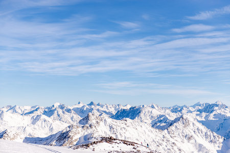 Panorama of the Caucasus mountains from Elbrus. Peaks of the sharp mountains from the highest...