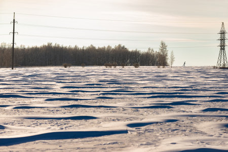 Snow field. Snow froze in the shape of waves. Field to the horizon. Winter in the Urals.