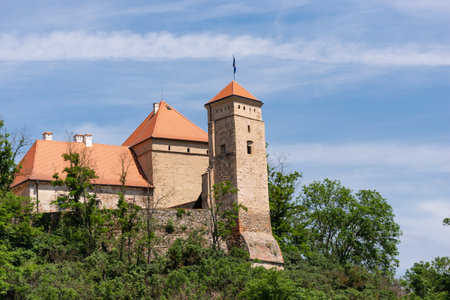 Veverji Castle. Czech. Summer 2019. Veveri castle is located in the Czech Republic. Fortress walls and towers on the hill.のeditorial素材