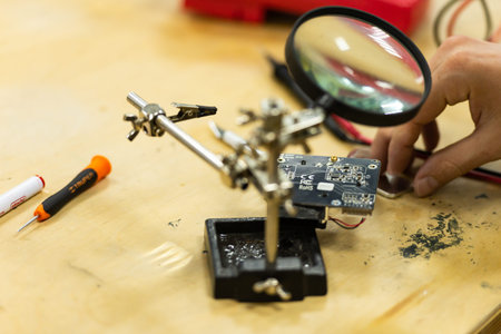 Moscow. Russia. November 2019. The Assembly of the sensors on the chip. Classes at the school of...