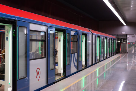 Moscow. Russia. Autumn 2019. Kommunarka platform with a train standing at the platform.