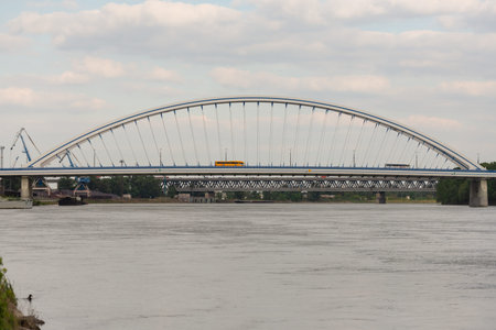 Bratislava. Slovakia. Spring 2019. One of the bridges of the city of Bratislava. Apollo Bridge over...