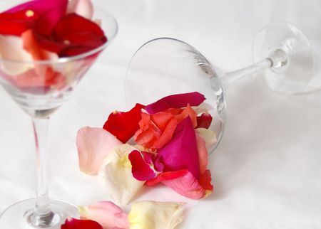 Petals spill from a martini glass and scatter over a white backdrop.の写真素材