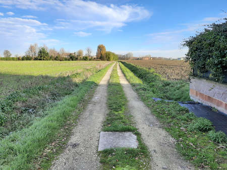 A gravel road is a type of unpaved road surfaced with gravel that has been brought to the site from a quarry or stream bed.の写真素材