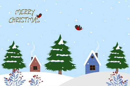 Merry Christmas Vector illustration on a blue background with text in a flat style.のイラスト素材