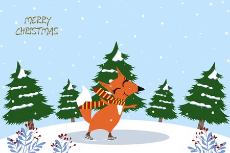Merry Christmas. Vector illustration on a blue background with falling snowflakes. Text Joyful, cheerful fox in a scarf who skates in the forest. Suitable for cards, invitations, backgrounds.のイラスト素材