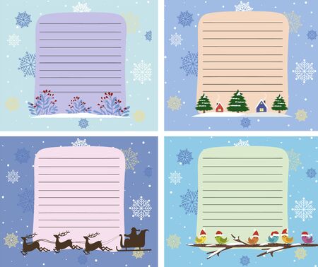 Cute Christmas reminders for notes. Cartoon festive characters on colored backgrounds with snowflakes.のイラスト素材