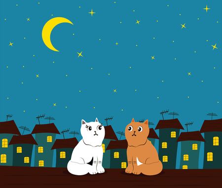 Loving couple of cats on the roof of the house against the background of the night, starry sky and the city. Greeting card, background.のイラスト素材