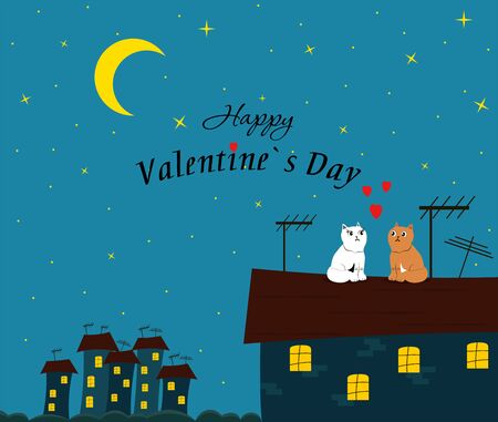 Loving couple of cats on the roof of the house against the background of the night, starry sky. Greeting card, background.のイラスト素材