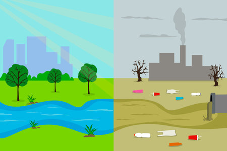 Ecology cartoon comparative concept of a clean planet and polluted due to industrial pollution....