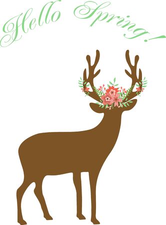 A silhouette of a deer with horns that are decorated with flowers. Hi spring. Vector illustration.のイラスト素材
