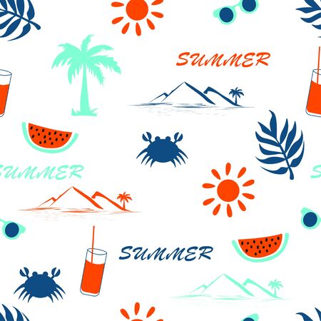 Summer seamless pattern on a white background. Trendy colors 2020. Lush lava, aqua ment, classic blue colors. The attributes of summer are sunglasses, a drink, and others.のイラスト素材