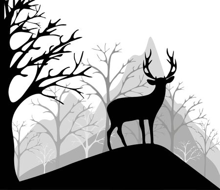 Silhouette of a deer on a slope against the backdrop of mountains and forest. Vector illustration in black and white.のイラスト素材