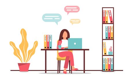 Standard workflow. Young woman works on laptop in the office at the workplace. Female character sits at a table in the office. Work on the PC. Vector illustration in a flat cartoon style.のイラスト素材
