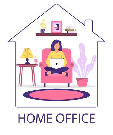 Home office concept. A woman with a laptop is sitting in a chair.のイラスト素材