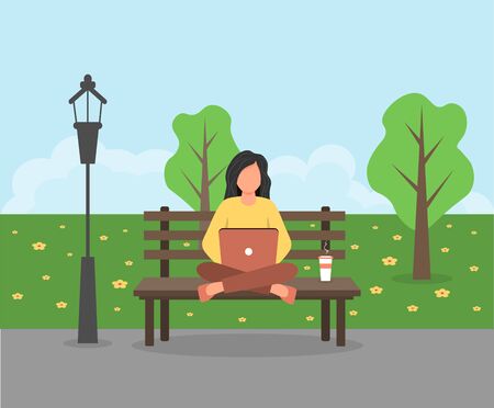 Woman works on laptop in the park.のイラスト素材