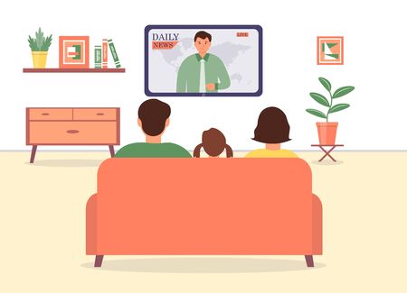 The family watches daily news on TV while sitting on the couch in the living room. Cute vector illustration.のイラスト素材