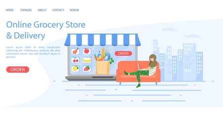 A young woman orders food from home online.のイラスト素材