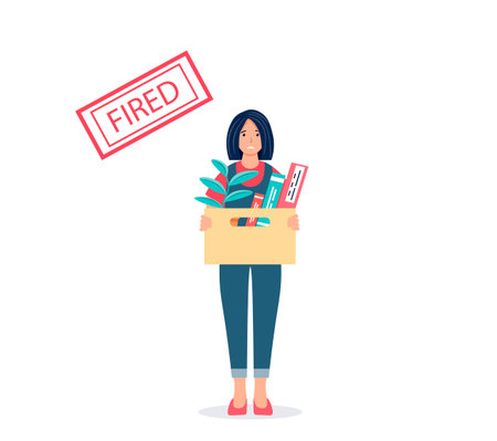 Dismissal concept. Fired sad young woman with a box of things. Unemployment, crisis, job cuts. Female character who lost his job. Vector illustration on isolated background.のイラスト素材