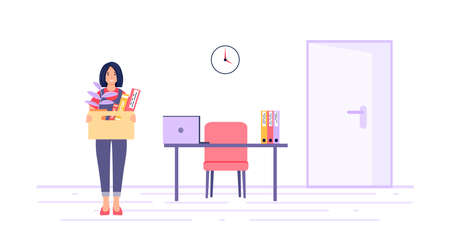 Dismissal concept. A dismissed employee with a box of things near the former workplace. Unemployment, crisis, job cuts. A female character who has lost her job. Vector illustration white backgroundのイラスト素材