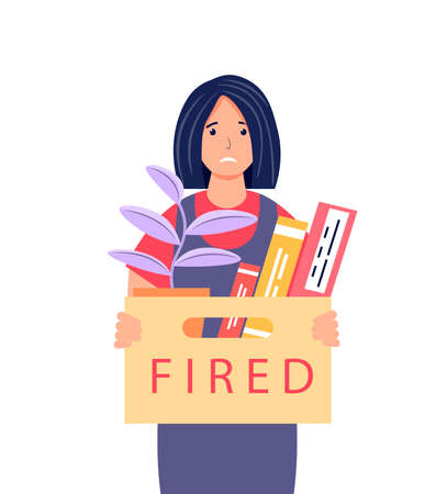 Dismissal from work. Frustrated young woman holding a box with her belongings. Female character who lost his job. Layoff, unemployment, job cuts concept. Cute vector illustration.のイラスト素材
