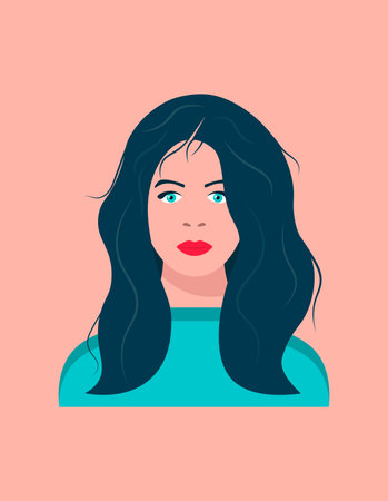 Portrait of a young dark-haired woman with blue eyes. Young woman with long hair. Female face....