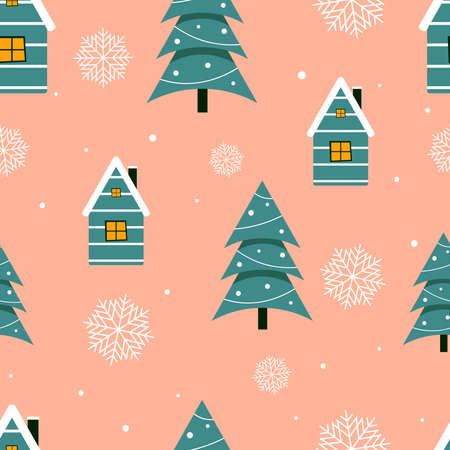 Christmas seamless pattern with Christmas trees, houses and snowflakes. New Year's design for wrapping paper, websites, banners. Vector illustration.のイラスト素材