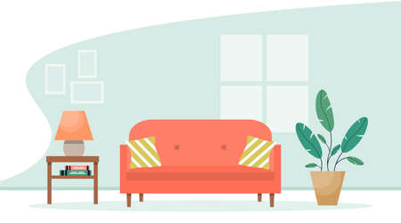 Living room interior with furniture. Modern sofa with bedside table and plant. Cute Interior illustration in flat style.のイラスト素材