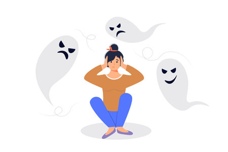 Anxiety or fears concept. Negative thoughts around the woman. The female character covered his ears with his hands. Anxiety, burnout, or panic. The woman suffers from negative thoughts or emotions.のイラスト素材