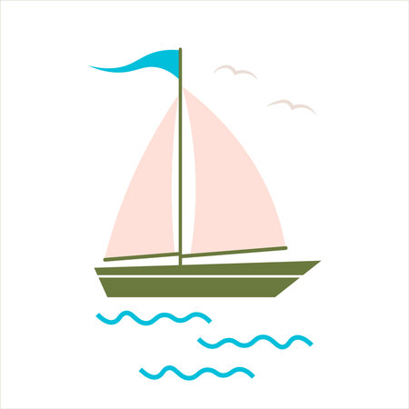 Sail boat. Cute boat with sails on a white isolated background. Sailboat and water waves. Vector...