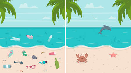 Dirty and clean beach set. Environmental pollution concept. Environmental disaster. Colorful vector illustration in flat style.のイラスト素材