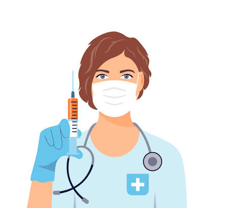 Woman doctor with a syringe with a vaccine in her hand.のイラスト素材