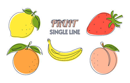 Set of fruits in a single line. One line continuous drawing in a minimal style. Contour drawing with added color. For logo, print, health concepts. Isolated colorful vector illustration.のイラスト素材