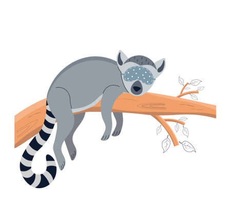 Lemur sleeping on a tree wearing a sleep mask. Cute lemur. Animal sleeps on a tree. Character for a children's poster, postcard, decor. Vector illustration on isolated background.のイラスト素材