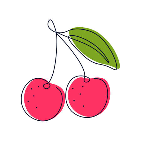 Cherry fruits in continuous drawing style. Abstract minimalistic style. Drawing the fruit with one line. Cherry outline with color. Drawing with a single line. For a poster.のイラスト素材