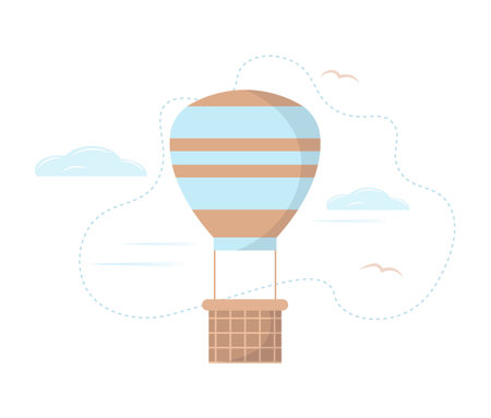 Blue hot air balloon flying in the sky with clouds. Air transport. Cute cartoon style. For background or cards. Children's illustration. Flat vector illustration on white isolated background.のイラスト素材