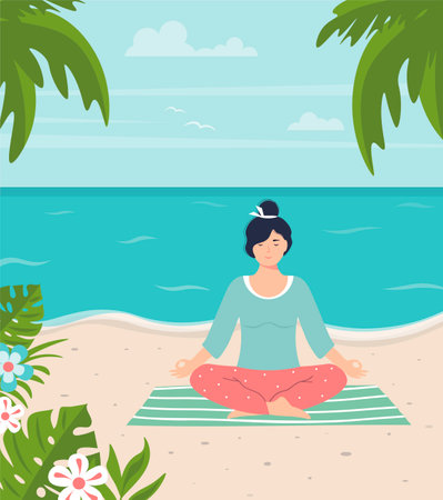 Young woman meditates on the beach. Peaceful female character doing yoga on the seashore. Meditation on the background of a seascape. Relaxing outdoors. Stress relief concept, flat vector illustrationのイラスト素材